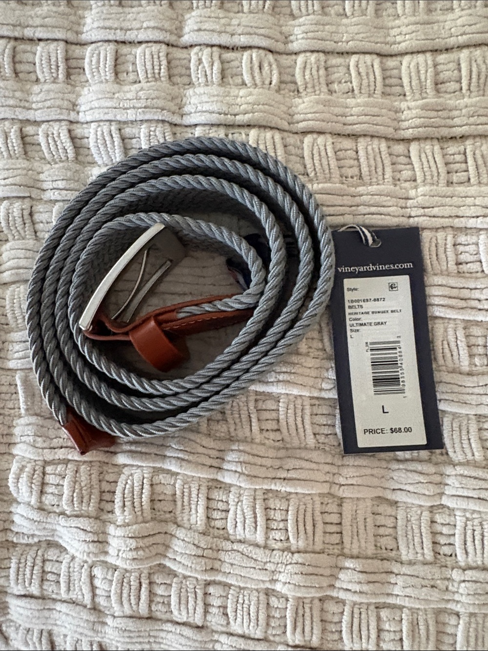 Vineyard Vines Gray Braided Rope Belt with Brown Leather Trim